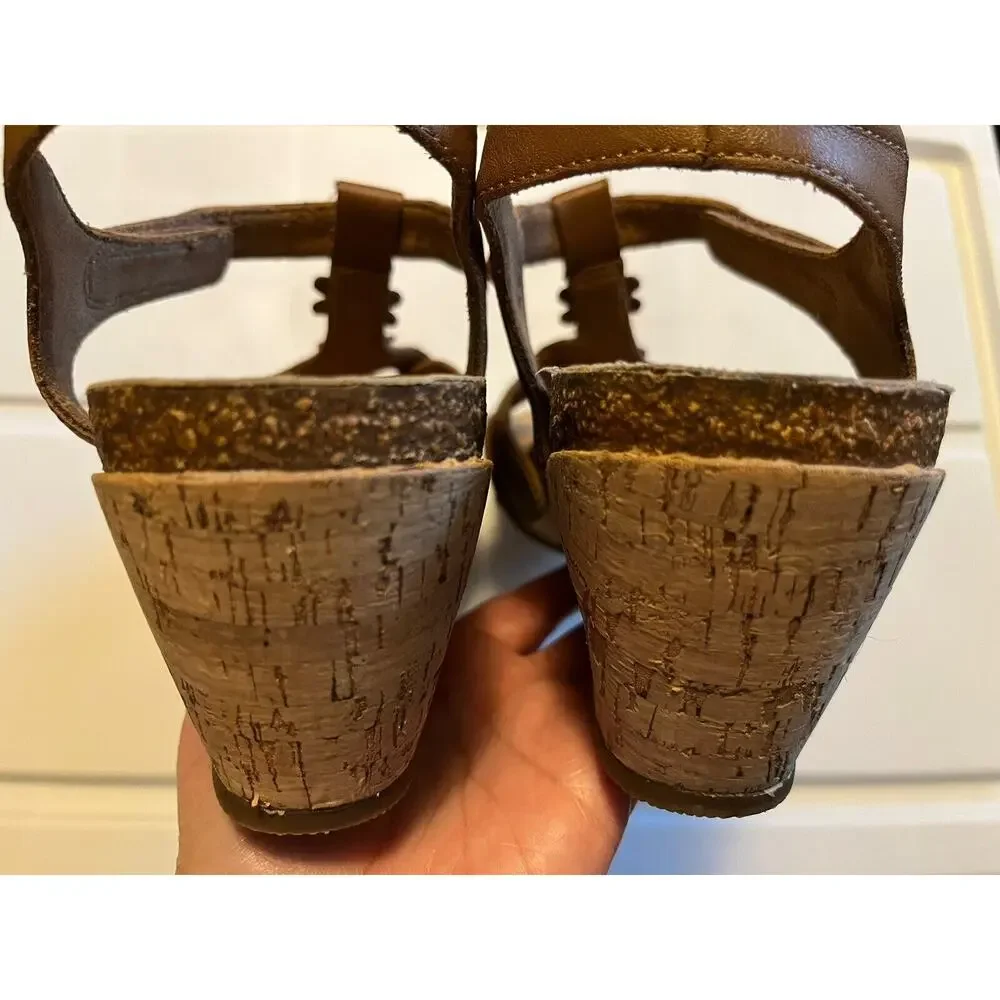 Taos Passion Flowers Leather Cork Wedge Sandals In Brown Womens Size 10 T-strap - Picture 8 of 14